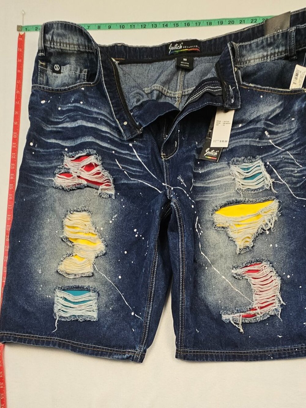 Men’s size 50 Switch Remarkable Bermuda denim shorts distressed paint splatter.